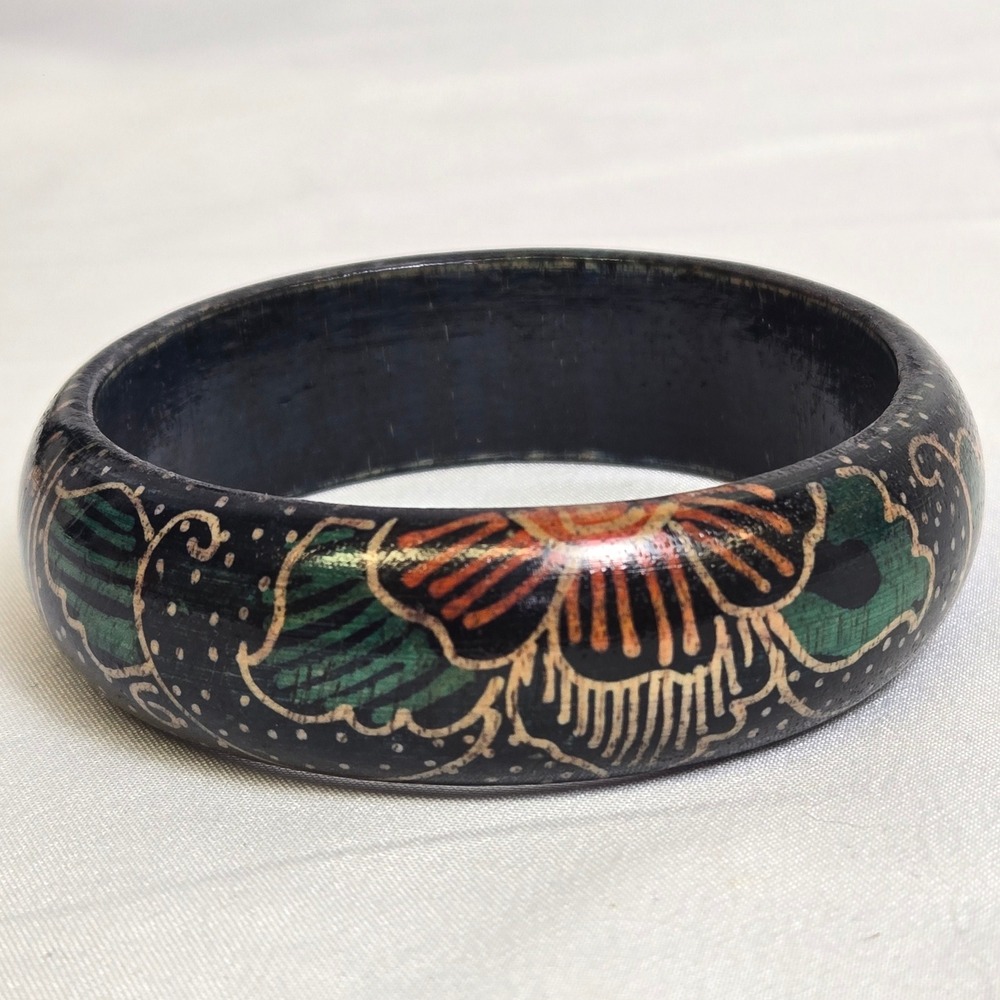 Floral Polka Dot Painted‎ Wood Boho Batik Bangle, Black, 3" Diameter